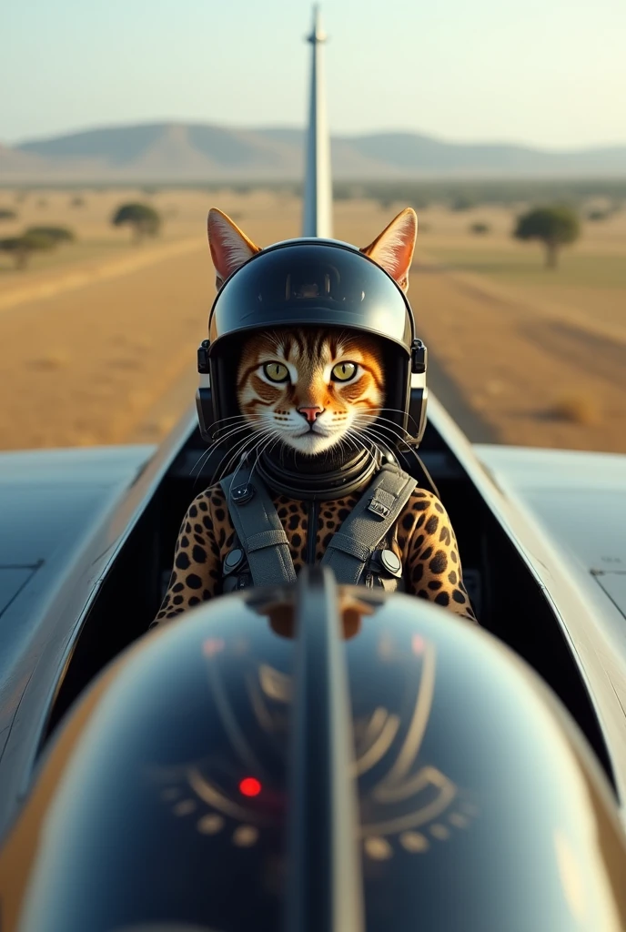 Savannah cat wearing pilot suit and helmet flying fighter jet Realistic, real, high resolution details, full picture as real life full plane