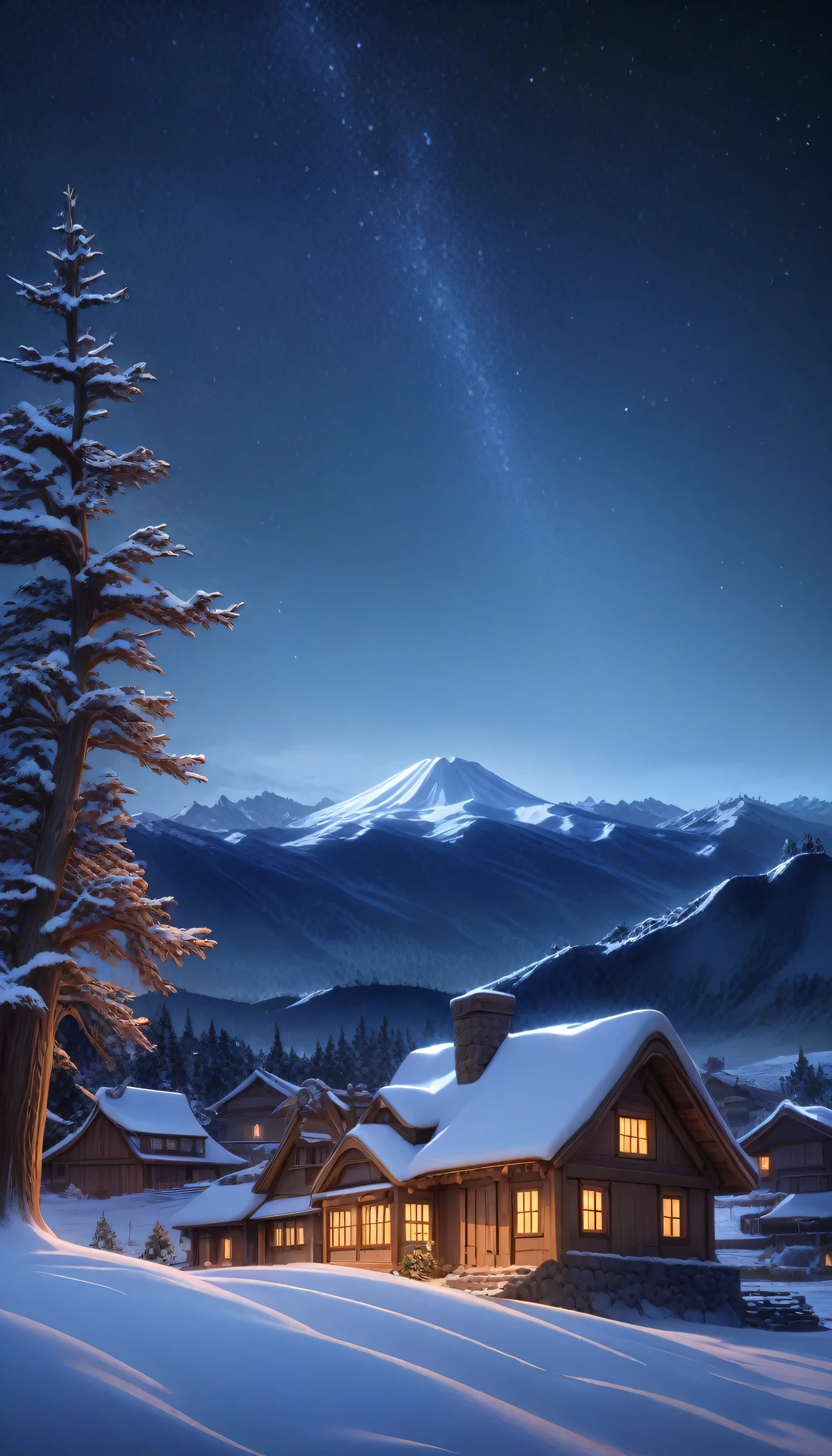 snow, landscape, outdoor, house, Sky, Mountain, star \(Sky\), No humans, night, starry Sky, Tree, night Sky, winter,, architecture, Few Trees, Mountainous horizon, village, masterpiece, best quality, very aesthetic, absurdes,