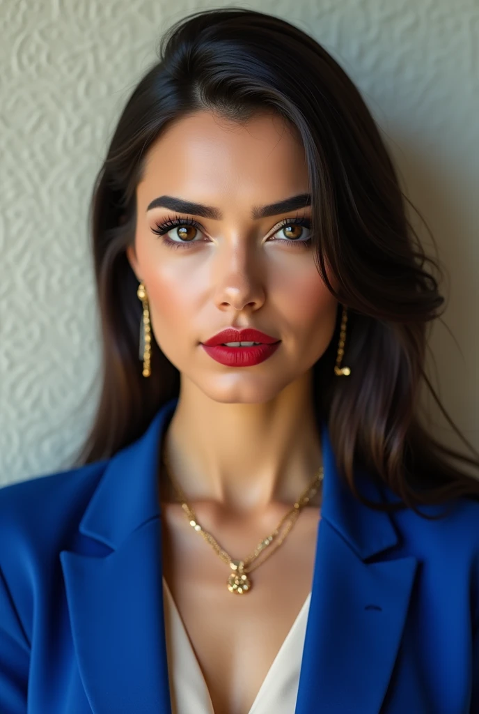 A Middle Eastern woman, very white fair skin and illuminated face, she wears bright red lipstick and eyeliner, your eyes are brown, the background is a light wall in a well-lit, realistic portrait mode photo, She is wearing a royal blue blazer and an off white blouse with a gold necklace and earrings.