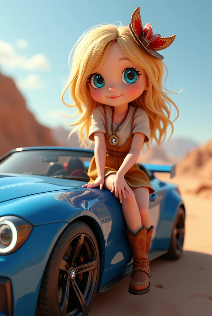 Cute blonde girl with big blue eyes wearing a dress and cowboy boots sitting on a blue BMW M2, 3D Pixar style