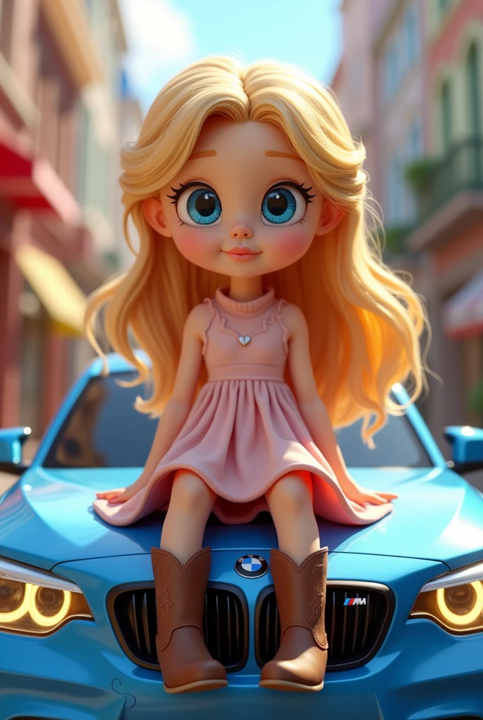 Cute blonde girl with big blue eyes wearing a dress and cowboy boots sitting on a blue BMW M2, 3D Pixar style