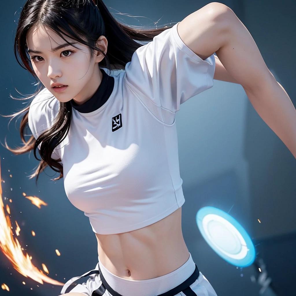 Generate an image with all the images together that represents a girl who practices taekwondo and has superpowers that are noticeable., that she is Asian, that has black hair, that she is white and thin and shows her superpowers in that image