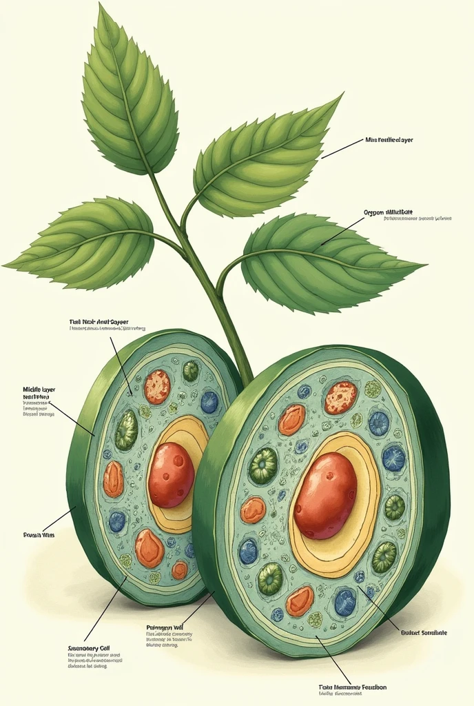 Drawing of two neighboring plant cells where the middle layer is indicated, the primary wall, the secondary wall and cytoplasmic content