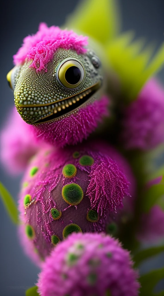 Adorsble creature from Space. terraforming. Alien Flora, Miki Asai Macro photography, close-up, hyper detailed, trending on artstation, sharp focus, studio photo, intricate details, incorporate hot pink and neon green, highly detailed, by greg rutkowskidetailed face, detailed skin, full focus, attention to detail, intricate,full form looking moist and alive, Masterpiece 