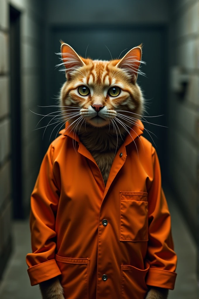 A humanoid havana brown cat wearing inmate orange jumpsuit outfit in prison, high detail, high-resolution photograph, professional photography, ultra-detail