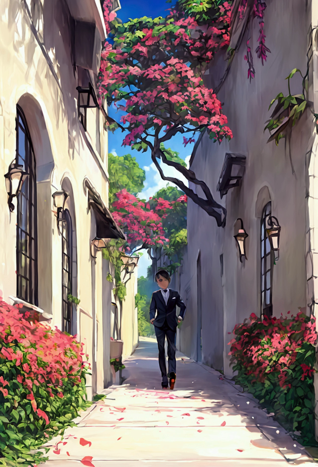 In the background a field full of bougainvilleas,a boy walking in the,a beautiful landscape
