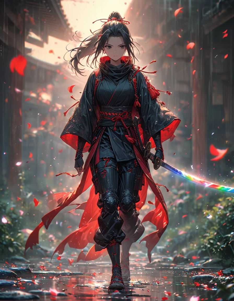 Highest quality, Great quality, 16K, Unbelievably absurd, Very detailed, delicate and dynamic, Natural light, The particles reflect light, Diffuse reflection of light, Many rainbow-colored petals fall, Beautiful studium, Sparkling Sun, Diffuse reflection of light, Create amazing image effects, Cool girl, Serious, passion, Dynamic, A female ninja, full body, (ponytail hair), ninja suit, holding long katana, japanese sword, fantasy