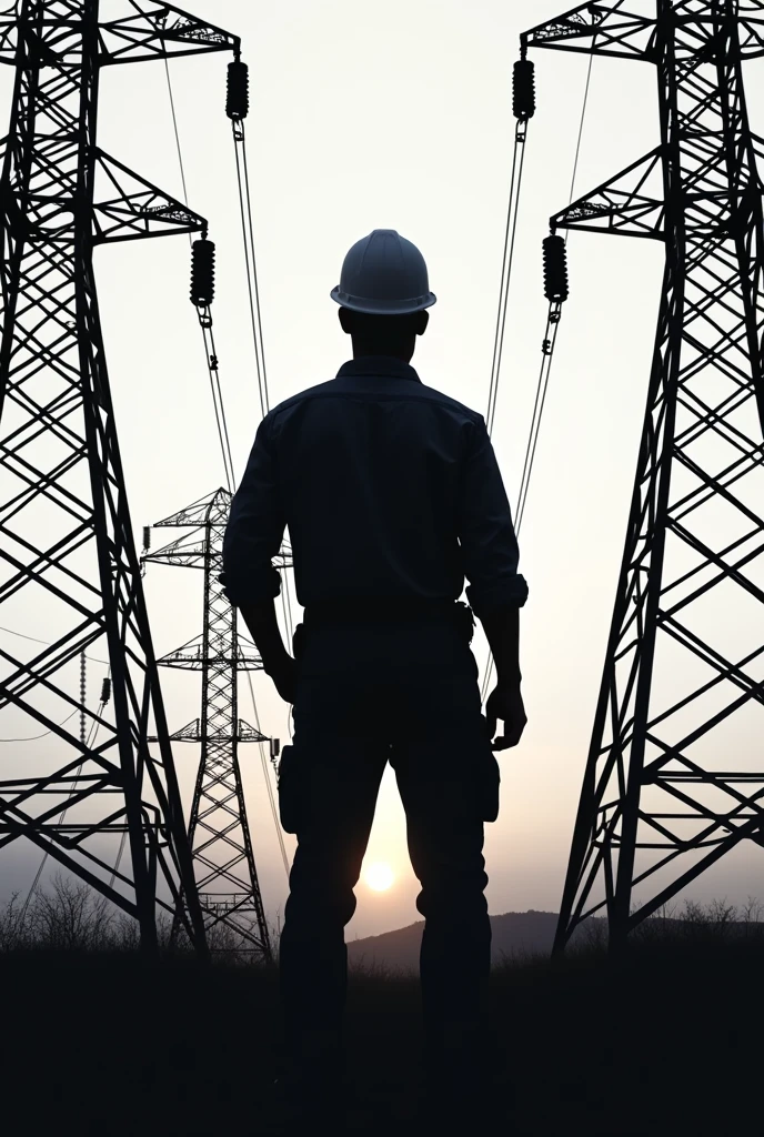 Electrical engineer Shilouette rear view with electrical towers