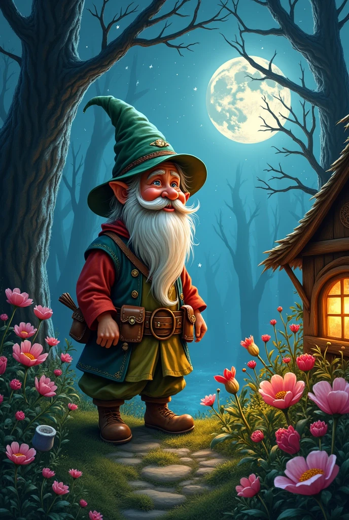 A detailed portrait of a gnome in costume adventuring through a moonlit forest, standing next to a small, elaborately crafted hut. The gnome tends a magical garden filled with large flowers and mystical creatures.