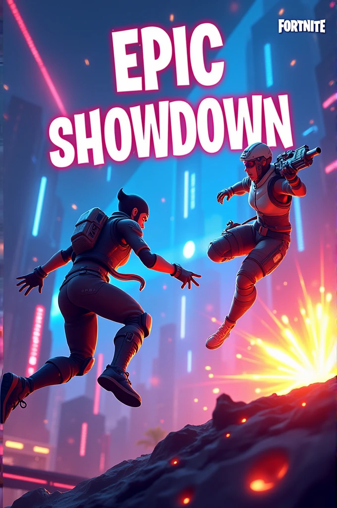 Certainly! Here's a prompt you can use for generating a YouTube thumbnail for Fortnite:

**Prompt:** "A dynamic and intense Fortnite battle scene featuring vibrant neon colors and high-energy action. Two characters, one wielding a futuristic weapon and the other dodging, are in mid-air with a bright explosion in the background. The setting is a futuristic cityscape with towering skyscrapers and holographic displays. Add a bold, eye-catching title text 'Epic Fortnite Showdown' with the Fortnite logo subtly in the corner."

This should give you an exciting and engaging thumbnail for your Fortnite content!
