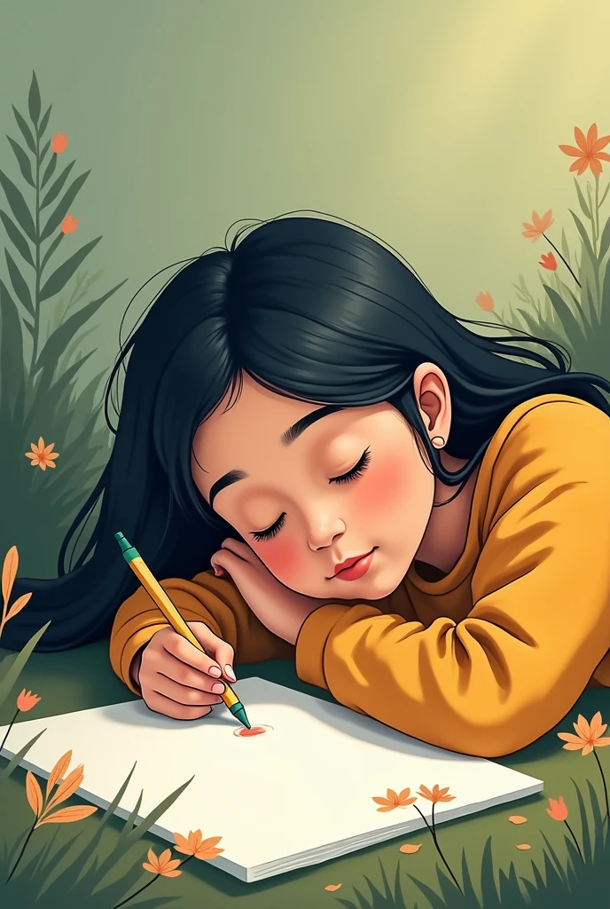 Igorot woman who is lying down while drawing and holding a crayon but make it clipart