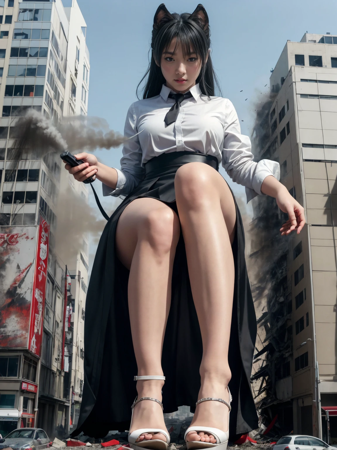 Tokyo, japan, giantess, Wolf's Ears, gray hair, red eyes, slightly frowning face, looking down, sky, transparent white shirt, black skirt, Black Lance Stocking Rock Sunshine, high heel, lift your feet, interruption, Building Collapse 1 Huge Breasted Girl, , full body lesbian,100 meter tall girl, Bigger than a building,no shoes,Black jacket with white shirt ,blue tie,gray hair color hair,wolf ears,Light red eyes,cold expression, Destroyed buildings, Destroyed buildings에 앉아,Put one foot on the car.,Trampled to death,There was blood on the ground,Blood adhesion,The socks were stained with blood.,GTSC City, As a giant, bright eyes, smile, naughty face, 16,000, high quality, high details, anatomically correct, textured skin,Steam coming out of my feet,