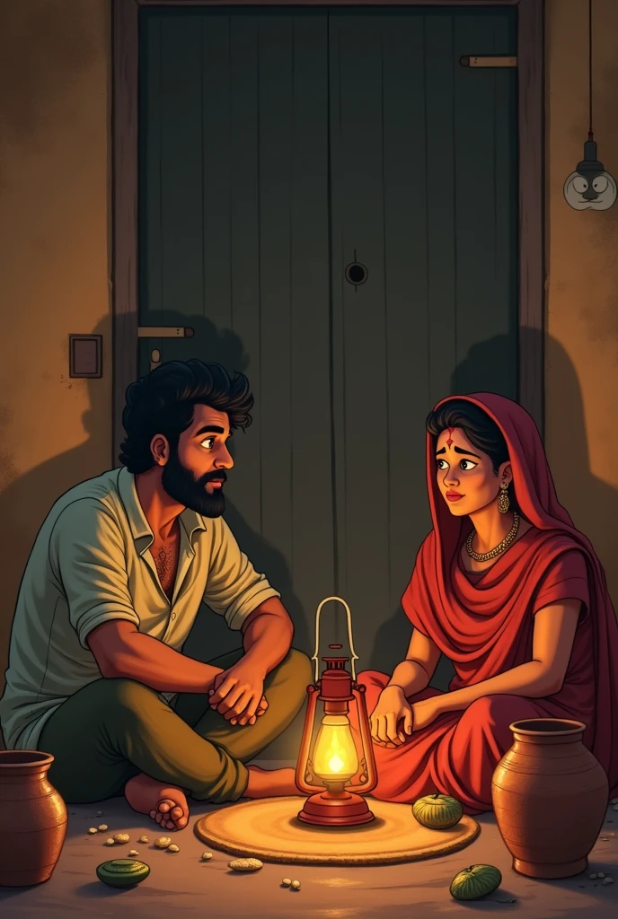 Inside the village home, Ram Singh is having a serious conversation with his wife, Kamla. Ram Singh is depicted as thoughtful, expressing his desirend Sundar to the city for a better future. Kamla looks concerned but is listening intently. The room is simple, with minimal furniture and a few household items.