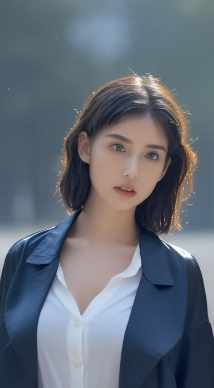 ((of the highest quality, 8K, masutepiece: 1.3)), Sharp Focus: 1.2, Beautiful woman with perfect body: 1.4, slender abdomen: 1.2, ((Layered hairstyle, Big breasts: 1.2)), (No bra) (Small beautiful hard (Thin, damp buttons up to shirt length,: 1.1), (White shirt wet in the rain), (Rain, Distance: 1.2), Wet body: 1.1, Very delicate face and skin texture, Detailed eyes, Double eyelids, Tanned skin, Sexy, asa, Real Skin, Real eyebrows, Blue eyeball. ((of the highest quality, 8K, masutepiece: 1.3)), Sharp Focus: 1.2, Beautiful woman with perfect body: 1.4, slender abdomen: 1.2, ((Layered hairstyle, Big breasts: 1.2)), (No bra) (Small beautiful hard (Thin, damp buttons up to shirt length,: 1.1), (White shirt wet in the rain), (Rain, Distance: 1.2), Wet body: 1.1, Very delicate face and skin texture, Detailed eyes, Double eyelids, Tanned skin, Sexy, asa, Real Skin, Real eyebrows, Blue eyeball.Large bust coordination、Wet in the rain and the jacket is transparent
