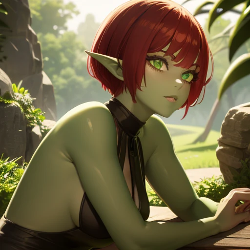 goblin girl, green girl, short red hair, green skin, pointy ears, curvy body, black dress, lawn, beautiful detailed eyes, beautiful detailed lips, extremely detailed face and eyes, long eyelashes, high quality, 8k, realistic, photorealistic, masterpiece, ultra-detailed, physically-based rendering, professional, vivid colors, warm lighting, soft focus