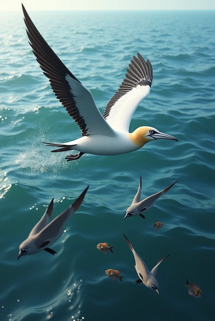 Adult gannet watching a school of fish
