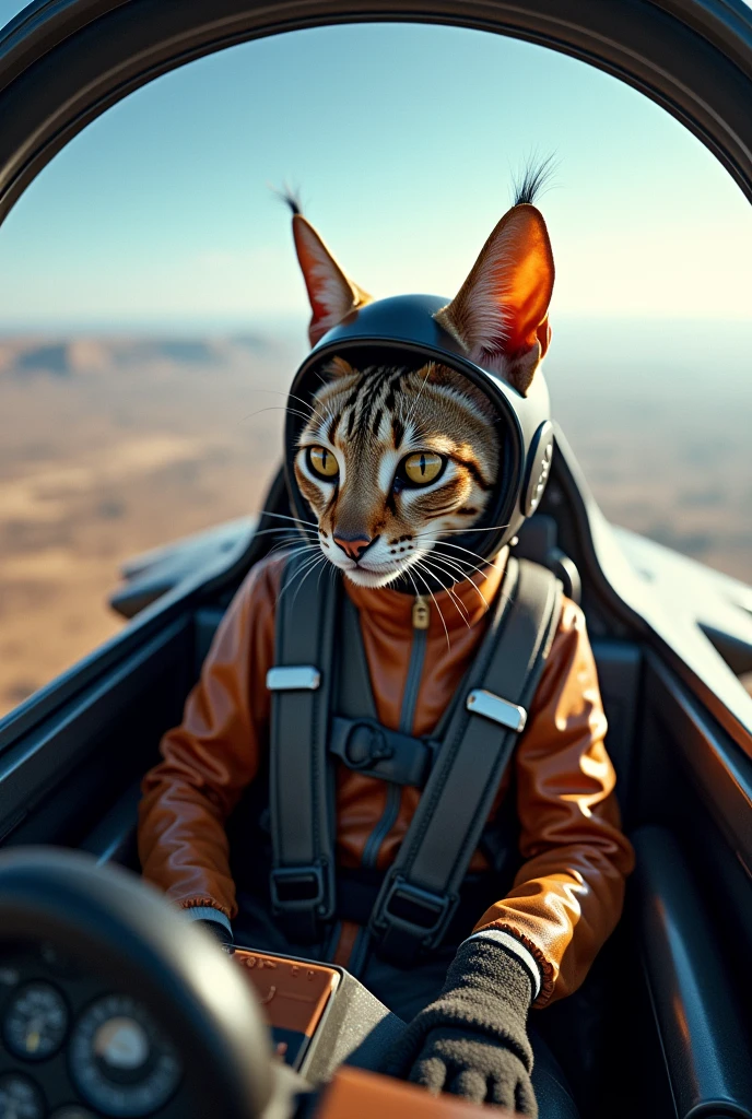 Savannah cat wearing pilot suit and helmet flying fighter jet Realistic, real, high resolution details, full picture as real life full view