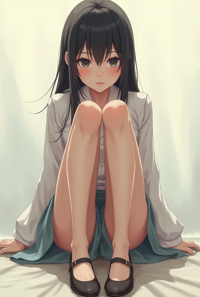 Anime girl sitting facing forward showing her legs and flat shoes