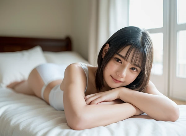 alone、Natural body shape、White skin、Natural Makeup、Black Hair、bangs、Medium Short Hair、、(expensive 、barefoot、White underwear、panties)、、((The upper body is wearing a uniform))、((Looking into the camera))、(((Full body photo)))、(((Exposing your thighs)))、Bedroom、On the bed、Are sleeping、((barefoot:1.2))、innocent、、A little smile、Face without makeup、Perfect Face、Beautiful thighs thighs、((Small head:1.1))、analog film、Official Art、relax、Photo taken by lover、Selfie、Thighs are shown、The sunlight is hitting my face and body,Old Polaroid Film,150mm lens、f/1.4、Interplay of light and shadow、Artwork、Old movies、I like to publish、I like to have people look at my inner thighs、I like to take off my clothes、I want to touch my boobs?、Mouth open、Sad expression、I fell in love、I want you to touch me、16First experience at age