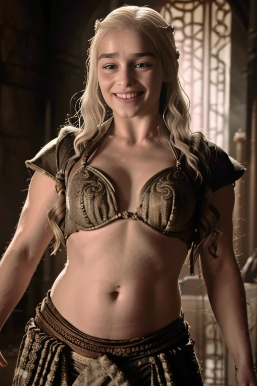 25 year old Daenerys Targaryen, wears belly dance suit, having sexual facial expressions, performing Belly dance at her house in front of the camera. She is smiling. The scene is happiness and eroticism. toned flat navel,