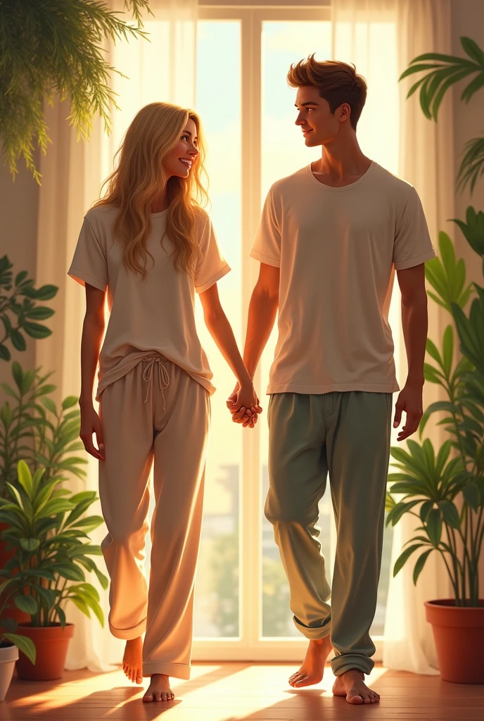 Beautiful girl, dressed in a loose t-shirt, pajama pants, long blonde hair, walking holding hands with her brunette boyfriend, very attractive, taller than her, interior, soft lighting, plants in the background, window with sunlight, relaxed pose, realistic and intricate details, warm colors