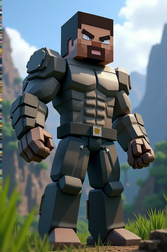 Minecraft Steve with white eyes , with a muscular and square body