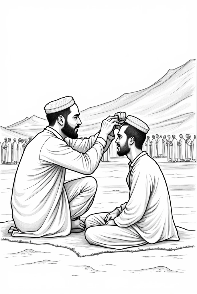 outline picture close up of two pilgrims performing the ritual of shaving their hair. One of them holding a shaver and looking in front and shaving on other head. Background safwa hill and pillgrims. Outline image