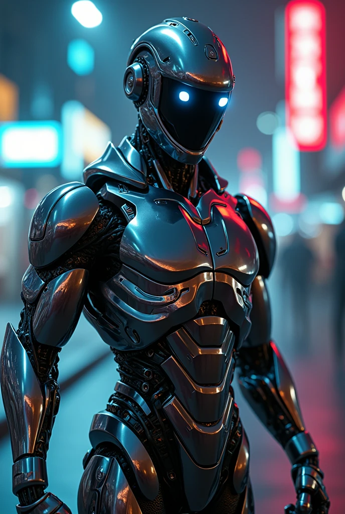 ´A highly detailed, realistic male cyborg with a cyberpunk aesthetic. The cyborg should feature a polished chrome robotic suit, glowing futuristic eyes, and a pixelated or blurred face. It should also wear dark, cyberpunk-style glasses. The design should include intricate details, high-quality rendering, and a sleek, modern look with vibrant colors and a touch of futuristic elegance. (Extremely detailed, professional high-quality rendering, chrome robotic suit, dark cyberpunk glasses, pixelated or blurred face, and striking visual elements.)