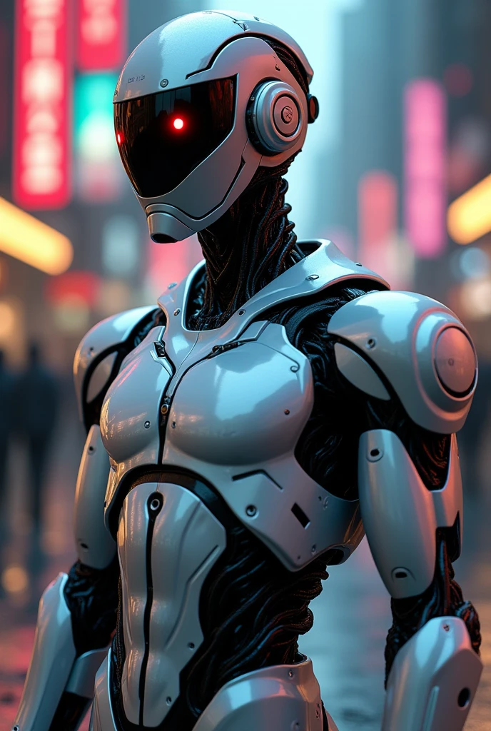 ´A highly detailed, realistic male cyborg with a cyberpunk aesthetic. The cyborg should feature a polished chrome robotic suit, glowing futuristic eyes, and a pixelated or blurred face. It should also wear dark, cyberpunk-style glasses. The design should include intricate details, high-quality rendering, and a sleek, modern look with vibrant colors and a touch of futuristic elegance. (Extremely detailed, professional high-quality rendering, chrome robotic suit, dark cyberpunk glasses, pixelated or blurred face, and striking visual elements.)