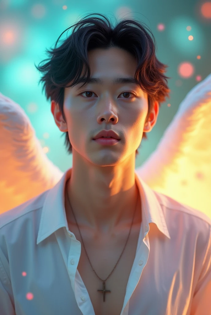 日本人male、Mysterious face、Beautiful face、Beautiful angel wings、looking at the camera、Upper body image、Beautiful Face、29-year-old、front、Smiling、Healing Face、male、White shirt、My chest is a little empty、Beautiful rainbow on background