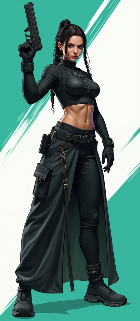 (masterpiece, top quality, best quality, official art,beautiful and aesthetic:1.2),(4k,8k, best quality,masterpiece:1.2),(((white background))), solo,Female gunner, standing position, holding a pistol, wearing black gloves and protective gear, with braided hair, representing female characteristics. The character has a clear and accurate structure, modern realistic representation, and consistent lighting that looks natural and believable.