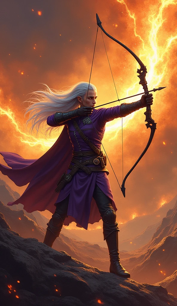 "Raven, a male elf archer clad in deep purple leather armor, stands poised amidst a monstrous horde. His long silver hair flows in the wind, adding to his commanding presence. With a determined expression, he draws his sleek black bow, ready to unleash his devastating power. In a fluid, graceful motion, Raven fires the 'Stormfire Arrow' directly toward the viewer. The arrow, infused with intense magical energy, blazes with fiery power as it cuts through the air. The moment the arrow is released, the atmosphere around it ignites into a swirling inferno, flames roaring as they coalesce into a storm of fire. The fiery tempest is unleashed with destructive force, obliterating anything in its path. The scene is charged with the contrast between Raven's calm precision and the explosive energy of the Stormfire Arrow, highlighting his lethal skill and the overwhelming power of his attack. The chaotic forms of the defeated beasts are consumed by the inferno, while Raven stands as a figure of deadly grace and control."