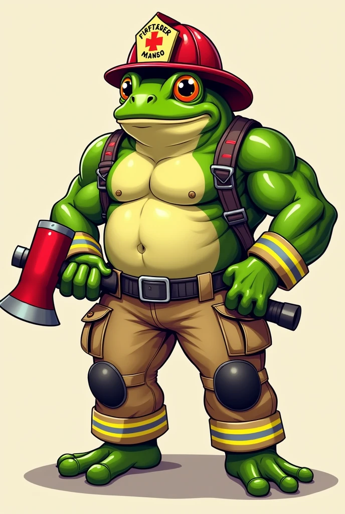 Cartoon of a strong and muscular green frog dressed in a khaki firefighter suit, with a red firefighter helmet, holding a red fire axe