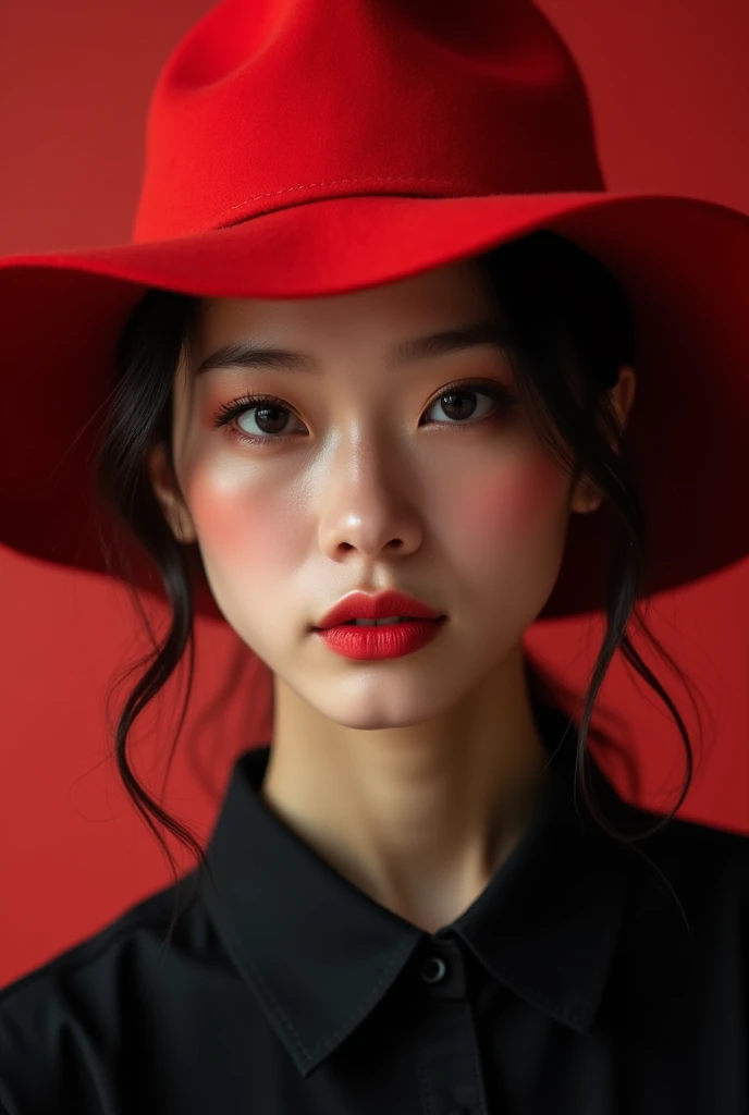 a close up of a woman wearing a red hat and black shirt, red hat, red dress and hat, with hat, she is wearing a hat, red and black tones, red cap, in red and black, lovely woman, black and red tones, cute woman, accents of red, attractive and beautiful