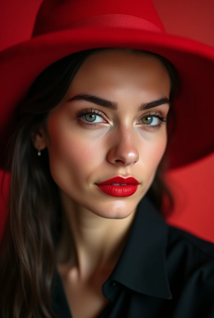 a close up of a woman wearing a red hat and black shirt, red hat, red dress and hat, with hat, she is wearing a hat, red and black tones, red cap, in red and black, lovely woman, black and red tones, cute woman, accents of red, attractive and beautiful