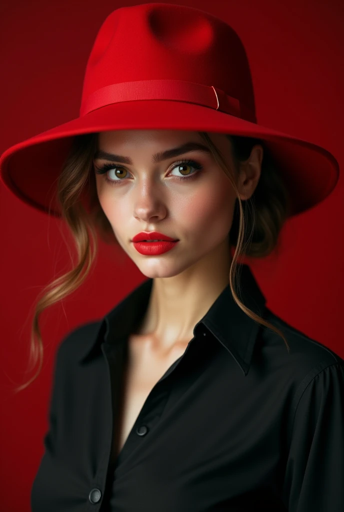 a close up of a woman wearing a red hat and black shirt, red hat, red dress and hat, with hat, she is wearing a hat, red and black tones, red cap, in red and black, lovely woman, black and red tones, cute woman, accents of red, attractive and beautiful