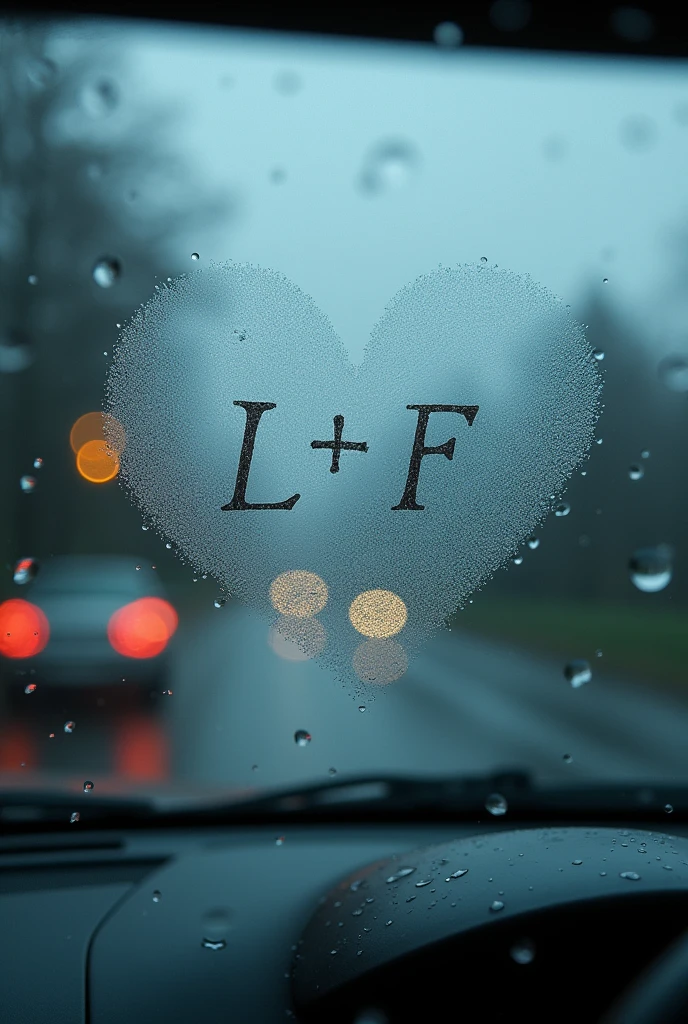 On a car window with raindrops with fogged glass in the shape of a heart and inside the initials L + f