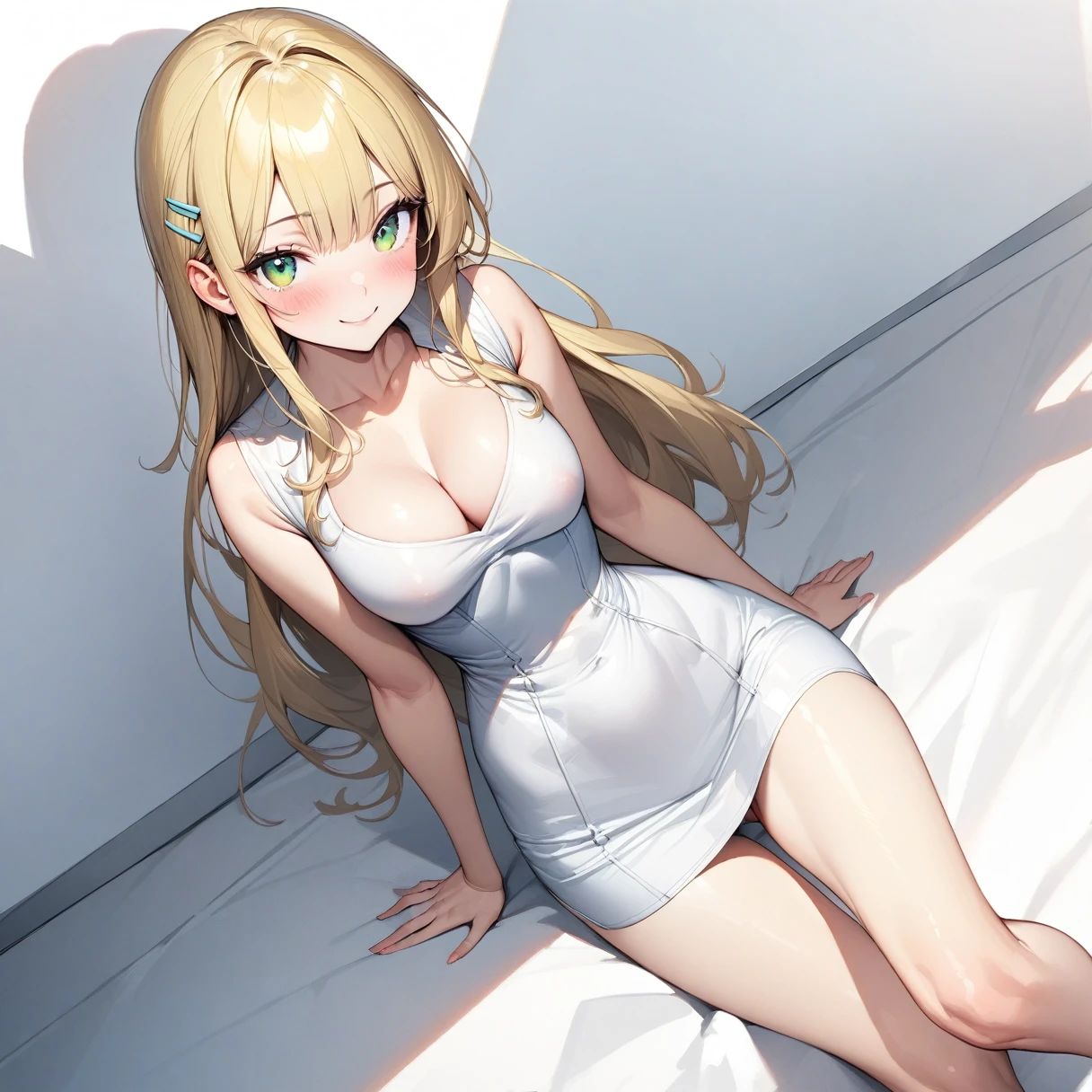 (masterpiece), (Highest quality), High resolution, (Very detailed), (Best illustrations), (Best Shadow), (Beautiful girl), (Absurd), (White background), (White Room), (White carpet),
My Little Sister Can't Be This Cute, (Kirino Takasaka), (kirino kousaka),
Blonde, Long Hair, Hair Clip, Green Eyes, bangs, Shyness, smile, A slight blush,
(Highly detailed face), Thin legs,
(One person、solo:1.7), Big eyes,slender, Narrow waist, Beautiful Skin,
Full Shot, panoramic,
Showing off, White detailed panties,
Cleavage, tits, Butt,
uniform, Panty shot, Open legs, Short skirt,