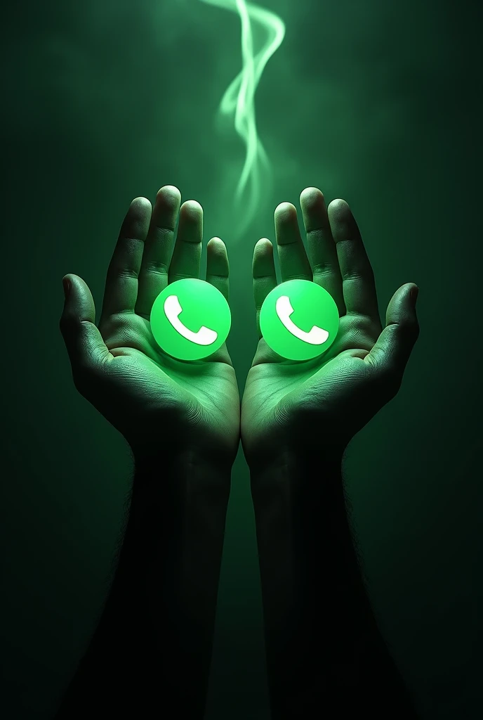 I want an image with black and green color with two hands holding two WhatsApp and music icons with fire on top with music icon