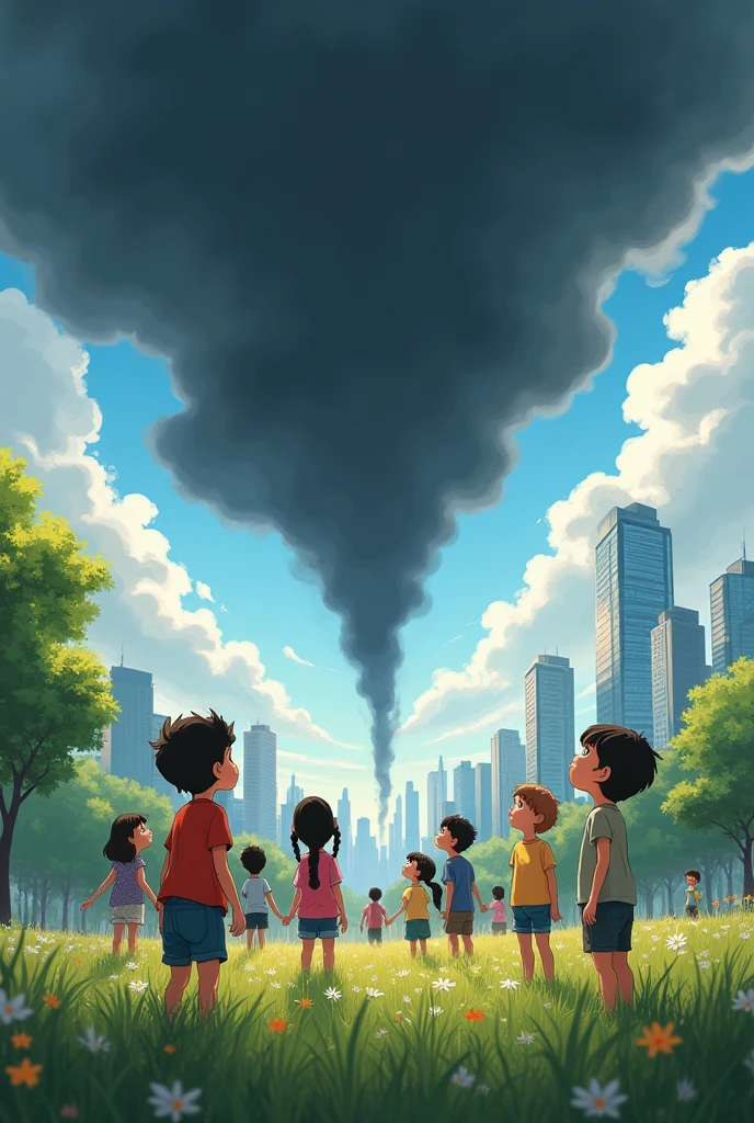 Create an image of a story where children are seen in an urban field looking at the sky because a black cloud is approaching.