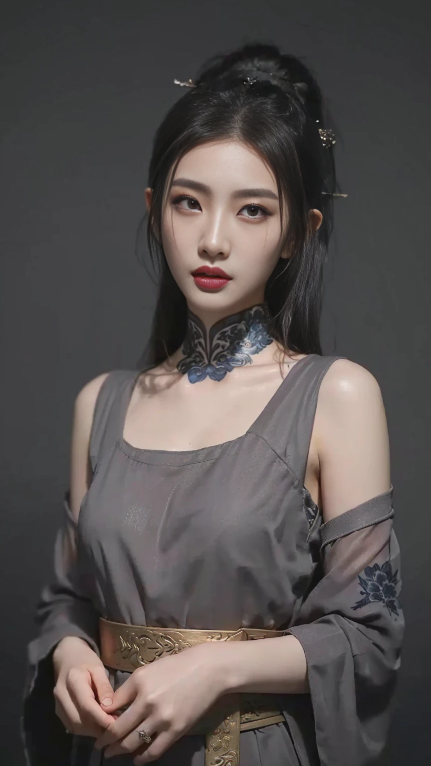 Asian woman wearing grey dress and brown belt, cruel korean goth girl, the style of WLOP, Sentimental and gloomy style, Gu Weiss, Beautiful Chinese model, Very beautiful elf top model, author：Yang J, author：Fan Qi, author：Zhang Han, WLOP |, WLOP. 4K, Ruan Jia and Artgerm，The face is decorated with a small amount of ink tattoos
