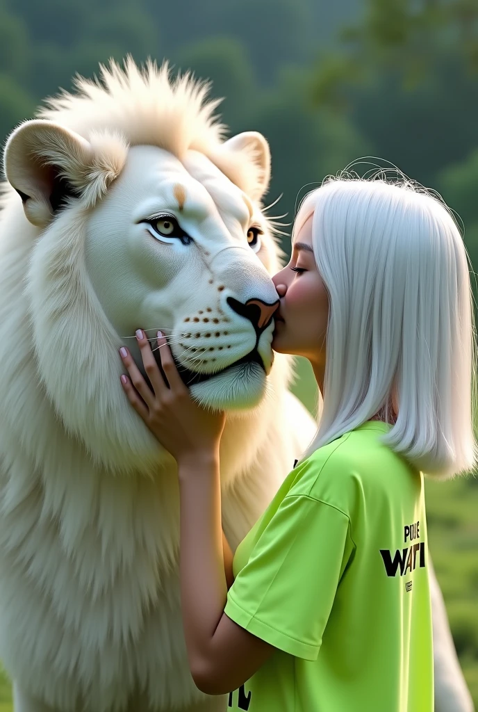 A beautiful 17 year old Indonesian woman with shoulder length white hair, wearing a highlighter green shirt.featuring "PURE WATI", on his clothes.was hugging and kissing the standing white lion,best visuals, 16k, HD, best rural scenery blur background.small fonts vary