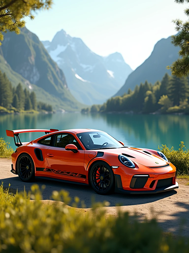 drift away from the sun, 2023 Porsche 911 GT3 RS, 3/4 angle, parked in front of lake under the trees, mountains in background, depth of field, front side view, sunny, perfect clean car wrap, unreal engine, photorealistic, cinematic, film light, ultra realistic, vibrant natural lighting, 10mm lens, 8k, high definition, highly detailed, film light, by Webb Bland, ultra realistic, vibrant natural lighting