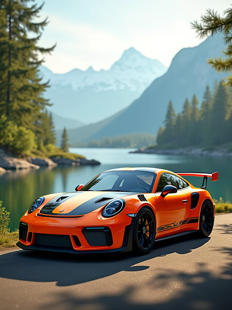drift away from the sun, 2023 Porsche 911 GT3 RS, 3/4 angle, parked in front of lake under the trees, mountains in background, depth of field, front side view, sunny, perfect clean car wrap, unreal engine, photorealistic, cinematic, film light, ultra realistic, vibrant natural lighting, 10mm lens, 8k, high definition, highly detailed, film light, by Webb Bland, ultra realistic, vibrant natural lighting