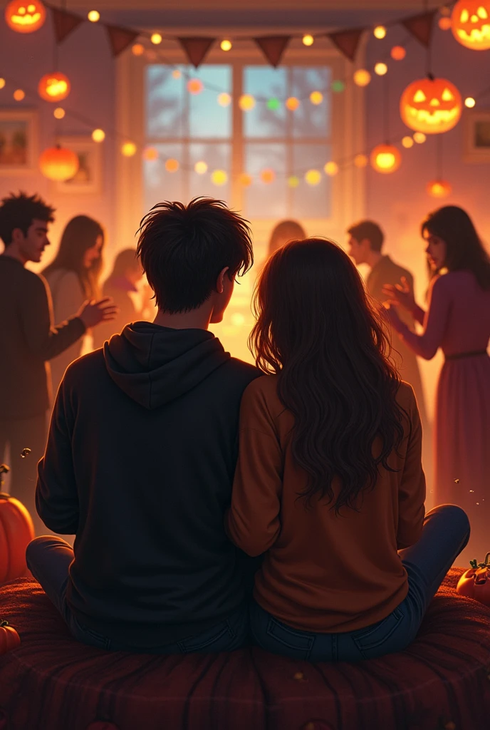 A shy young couple sitting on a piece of furniture , at a halloween party