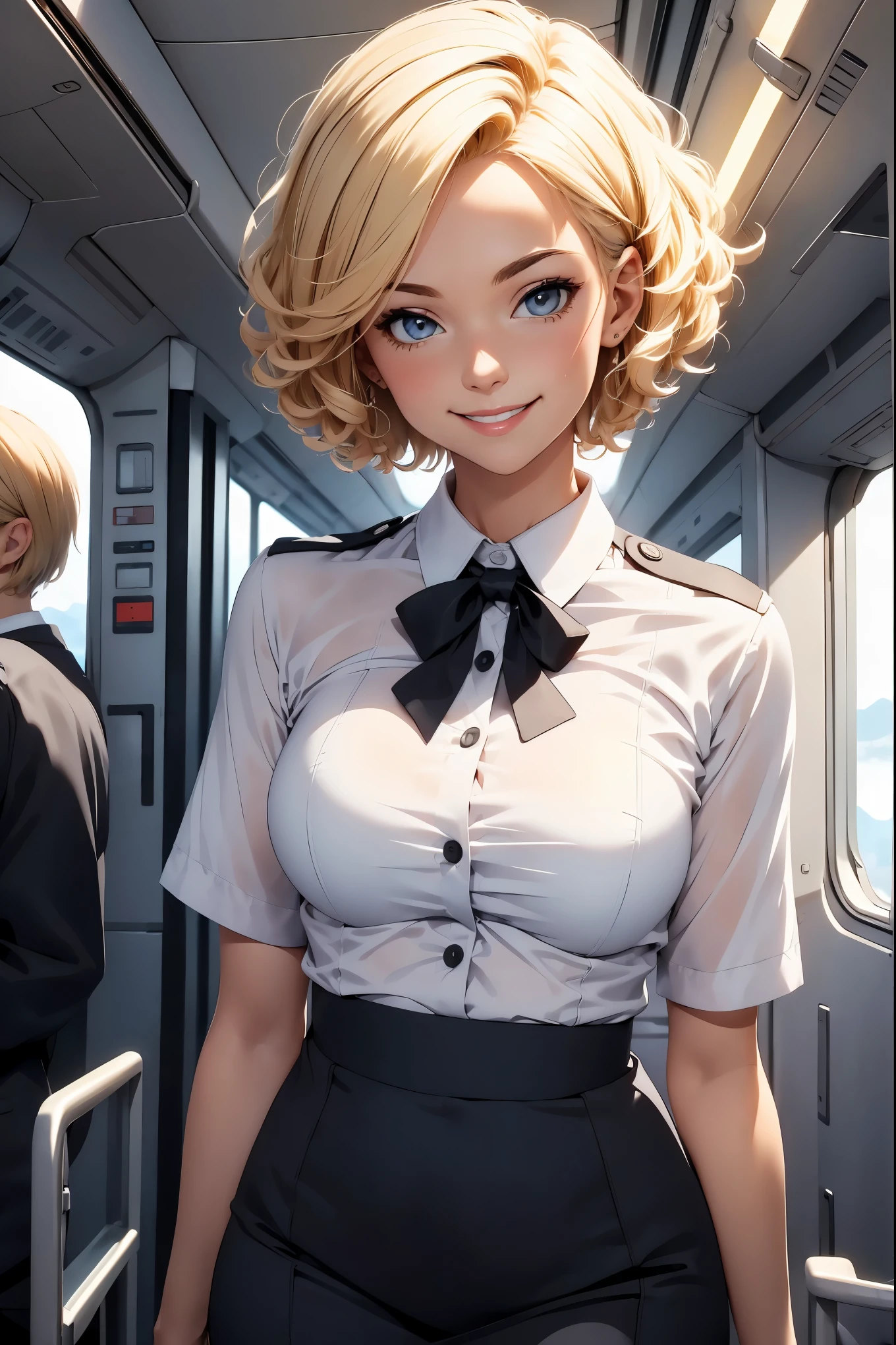 (white flight attendant uniform),looking at viewer,smiling,happy,curly blond short hair, standing, inside the airplane,