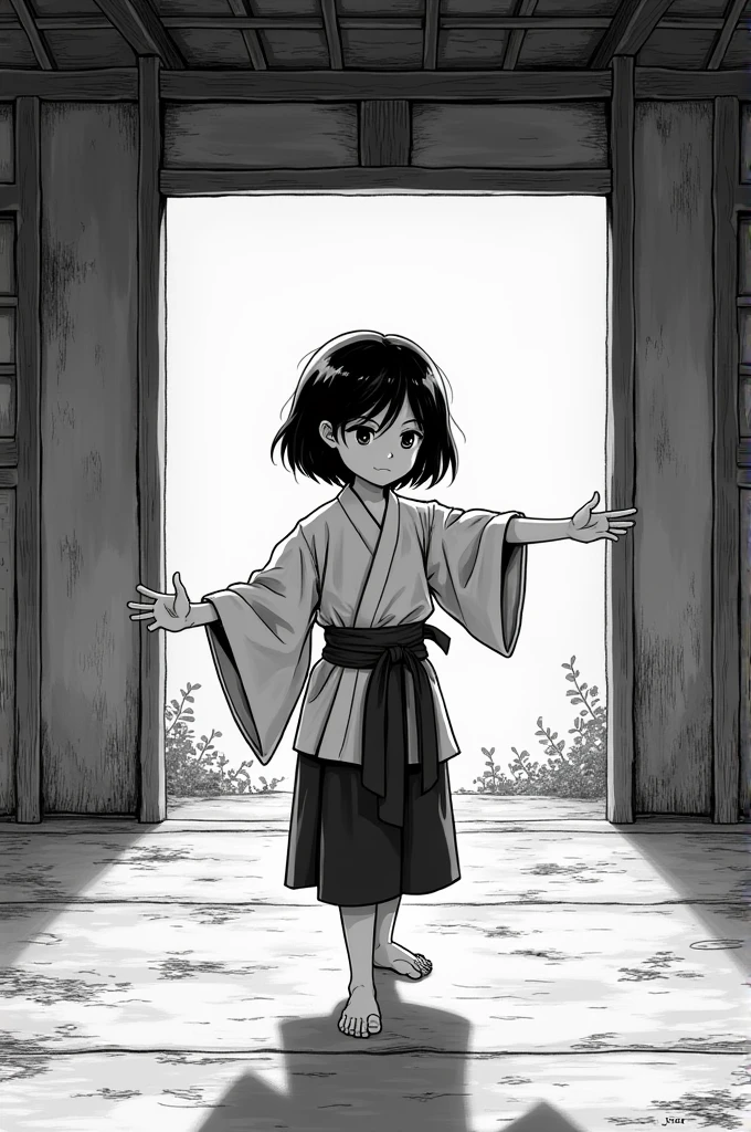 Girl 1.50 tall, short black hair, clear brown eyes, chunky, stretching, tired, dressed in Karategi, in old dojo, manga style, black and white.