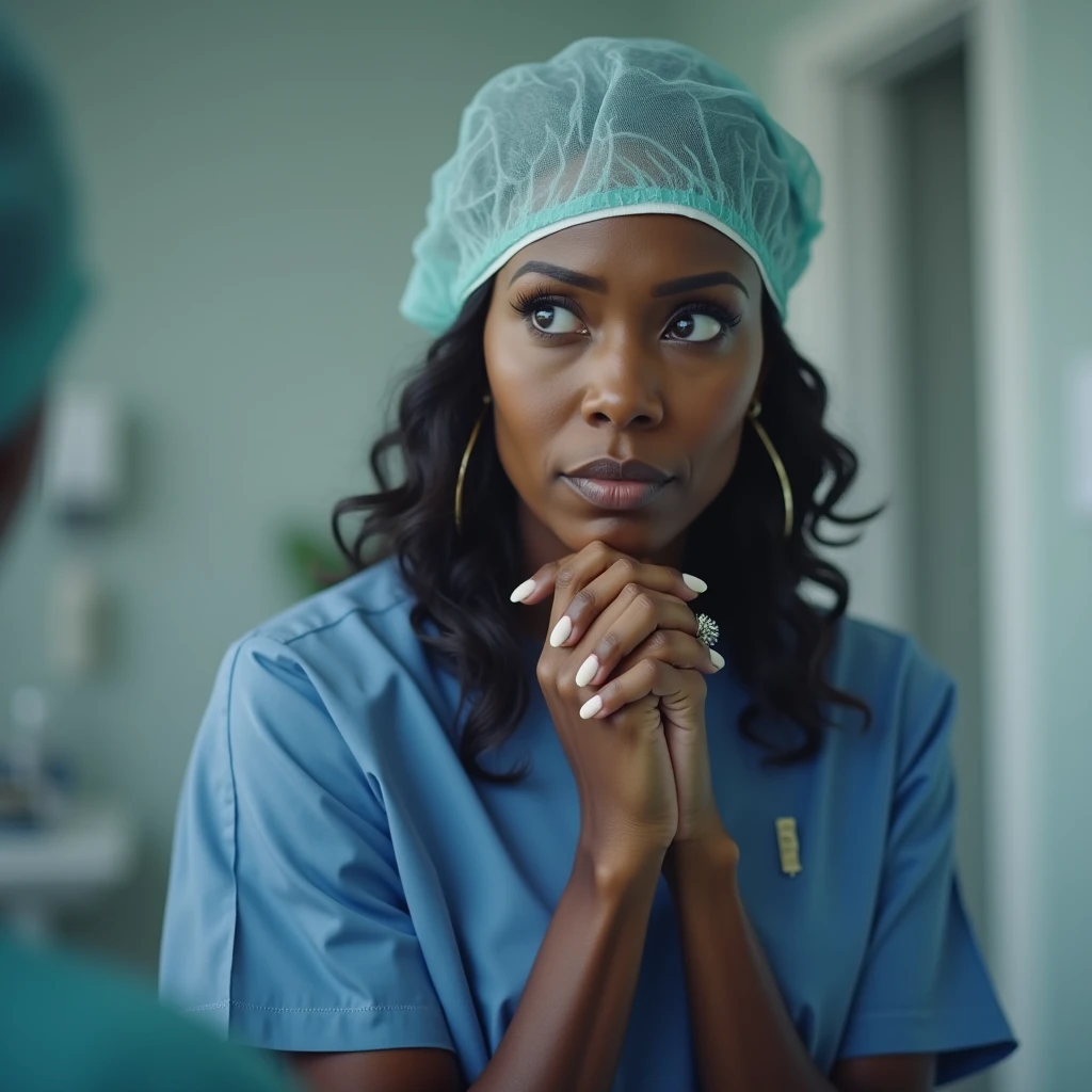 Improve the figure above: 45 year old black woman apprehensive, with surgical cap. Are you going to have a fertilization procedure?.