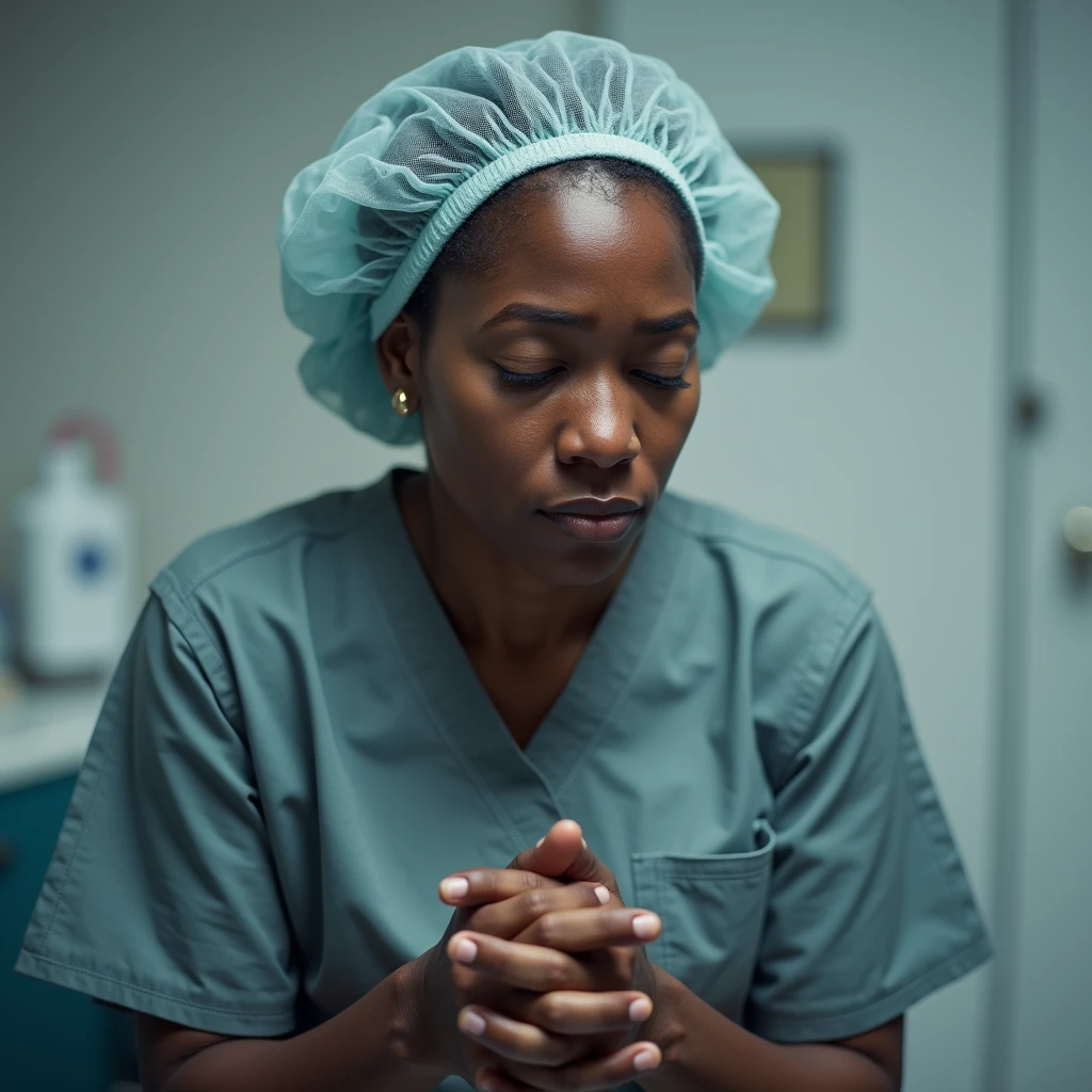 Improve the figure above: 45 year old black woman apprehensive, with surgical cap. Are you going to have a fertilization procedure?.