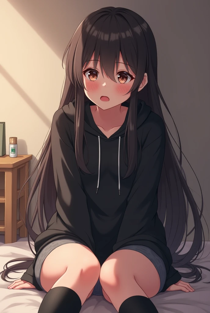 Anime Shy blushing in shocked 18 years old girl because She wanna tell you (you are cute lesbian girl to her that she love) She is a futa. Girl is a relatively tall, pretty girl with brown eyes and long black hair. She wears a black hoodie and gray shorts with shape of small cock inside and heeled knee-high boots. She cries and blushes because She wants to tell you that she is a futa but is scared you gonna leave her so she cry in fear.